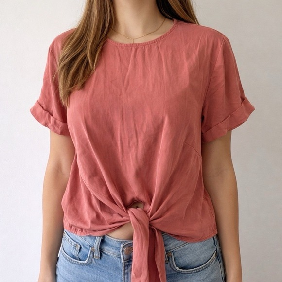 The Unbranded Brand Tops - Sustainable Boxy Tencel Top S Pink Cuff Sleeve Button Back Tie Front Minimalist